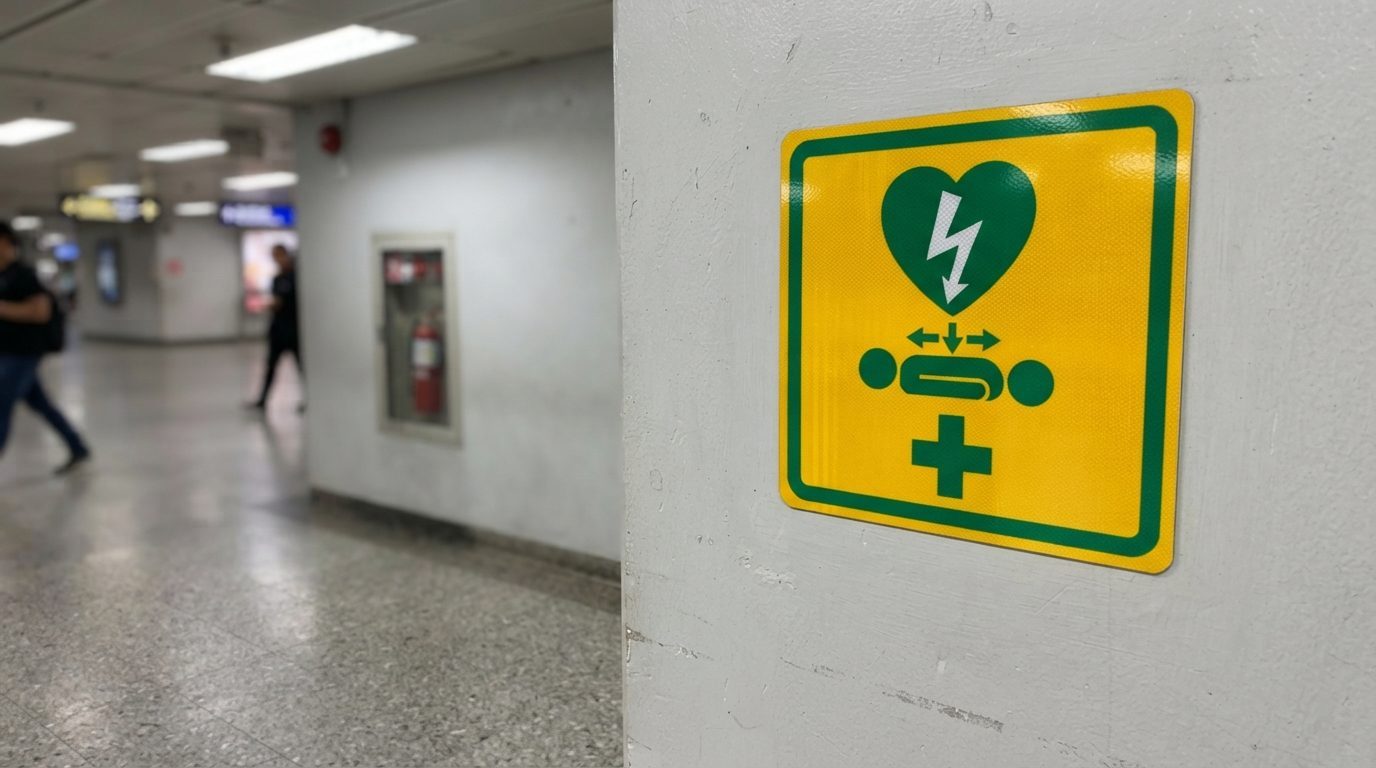 Gult og grønt hjertestarterskilt på mur på offentligt sted