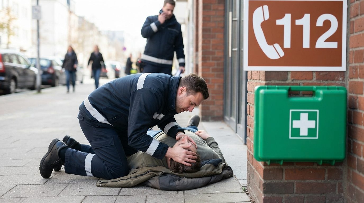 Person kontrollerer bevidstløs individ i nødsituation med nødnummeret synligt